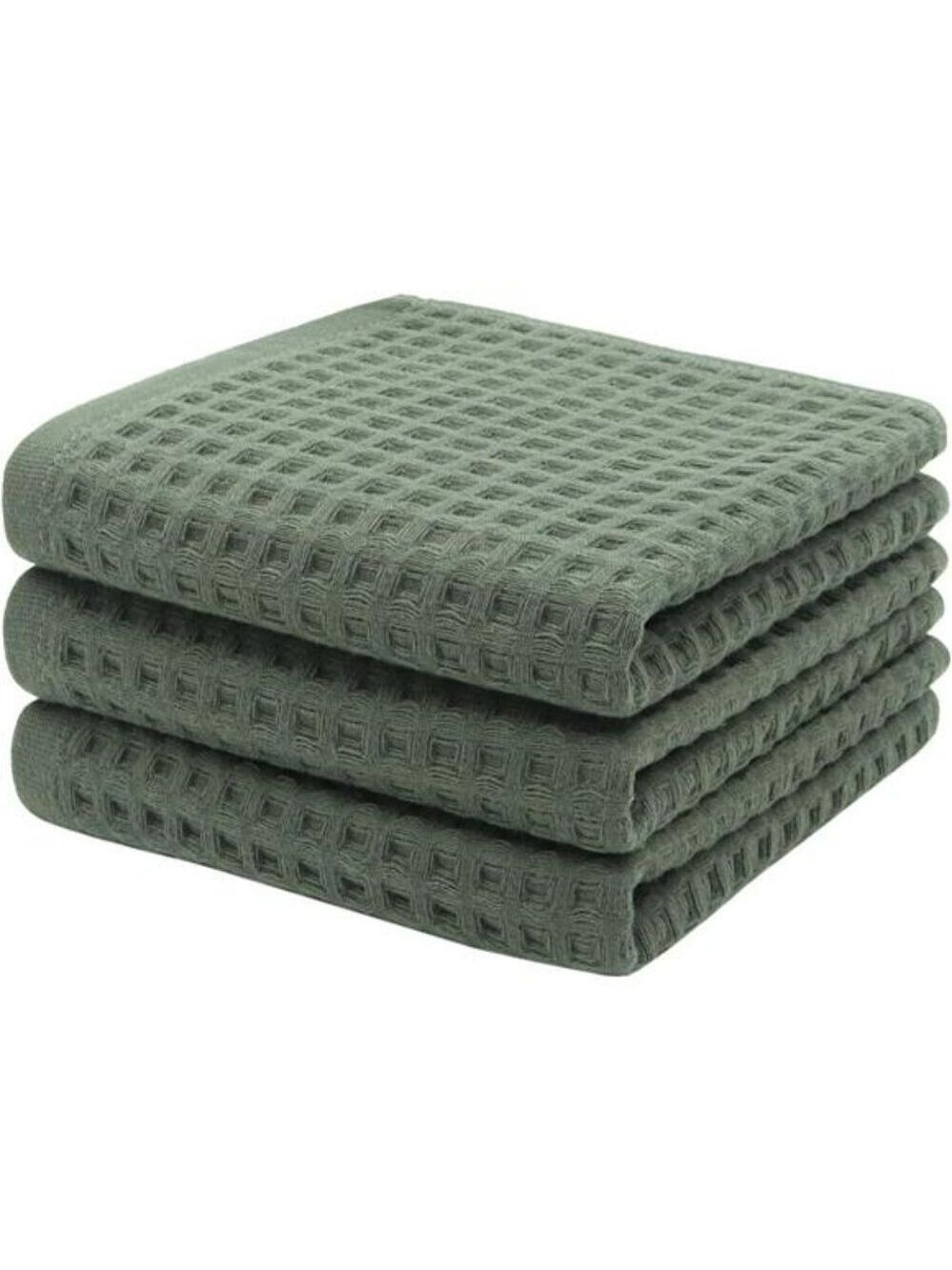 Olive Green Cotton Waffle Hand Towels 3 Pack Quick Dry Absorbent Bathroom Kitche